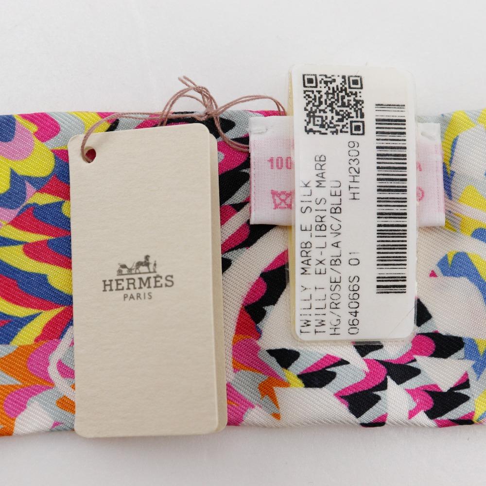 Hermes Twilly Scarf Kyoto Marble White Rose/blue Silk Women Used