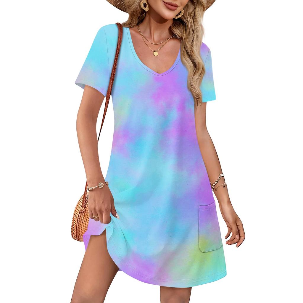 Summer Dresses For Women Loose V Neck Short Sleeve Casual T Shirt Dress Sundresses Swimsuit Coverup With Pockets