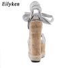 Eilyken Women's Summer Fashion New Platform Bow Lacing Design Fibre Fabric Feet Bare Lacing Wedge Sandal High Heeled Shoes