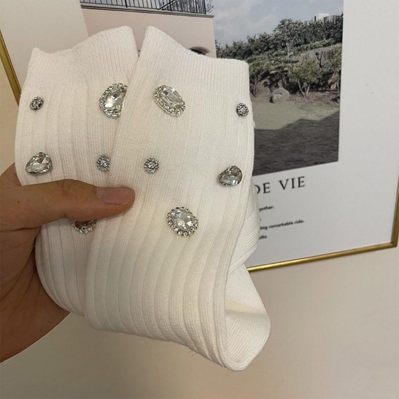 Womens Ribbed Crew Socks, Thin Comfort Breathable Rhinestone Socks, Above Ankle Crew Socks for Womens Schoold Girl