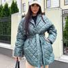 Winter Lapel Collar Long Sleeve Solid Color Belt Loose Coat Plaid Chic Warm Jacket