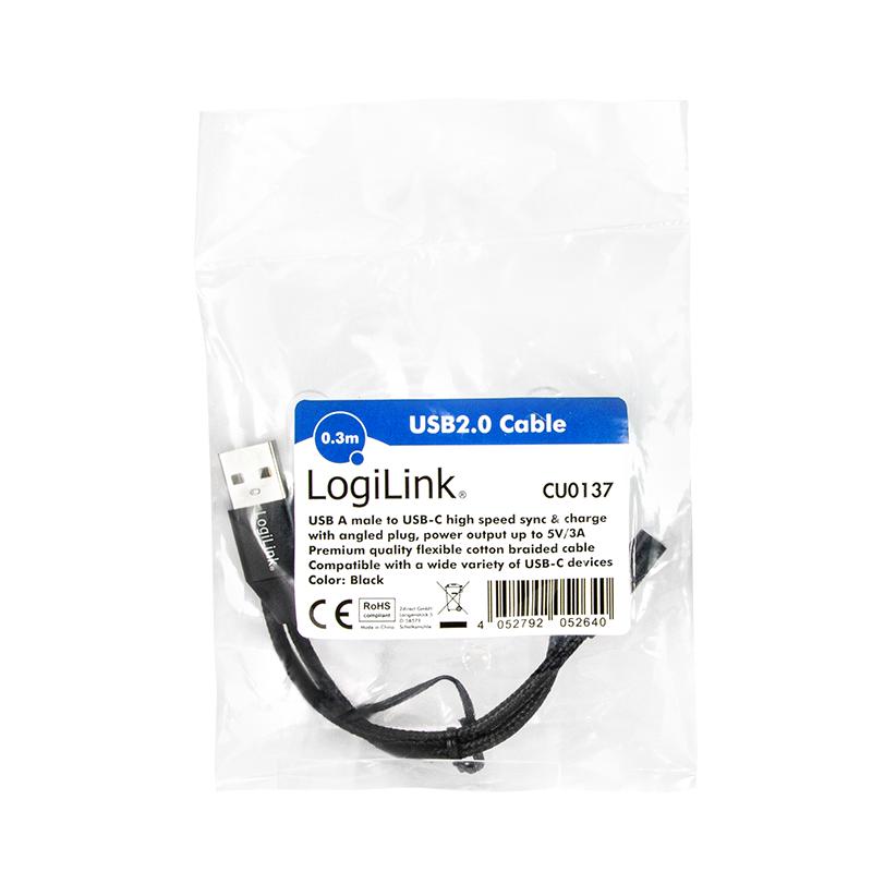 USB 2.0 Type-C (90°) to USB-A Cable, 0.3 m Fabric Black - LogiLink CU0137