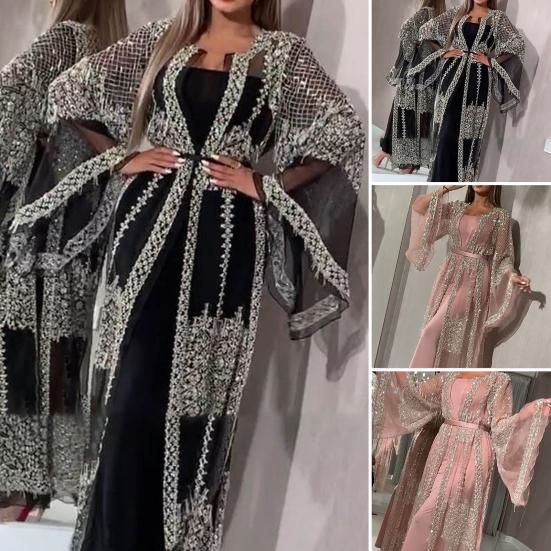2 Pcs/Set Women Evening Dress Big Swing Shiny Bronzed Cardigan Slip Dress Set See-through Mesh Long Sleeve Coat Cocktail Events Special Occasions