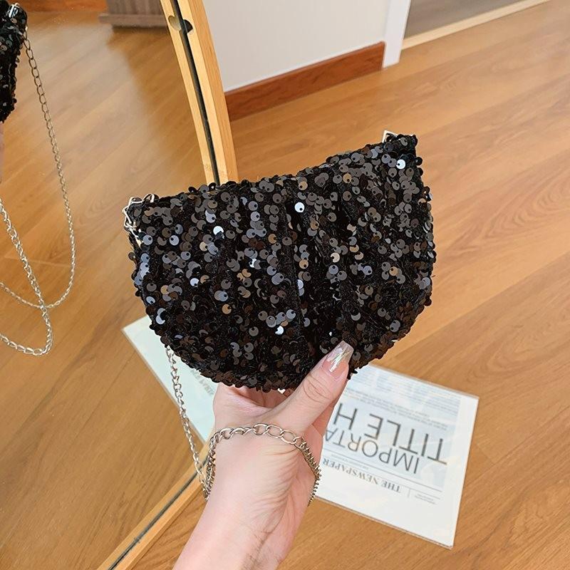 Trendy Mini Half Moon Pu Crossbody Bag With Shiny Sequins For Stylish Women