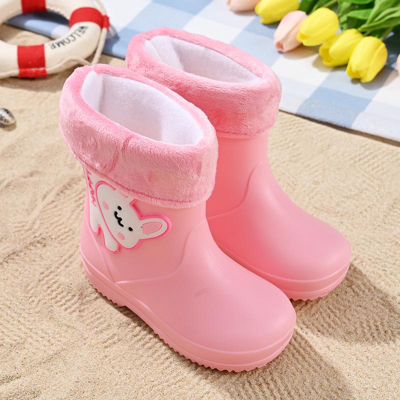 Children's rain boots cute cartoon boys and girls kindergarten waterproof baby rubber shoes non-slip rain shoes fleece warm water shoes