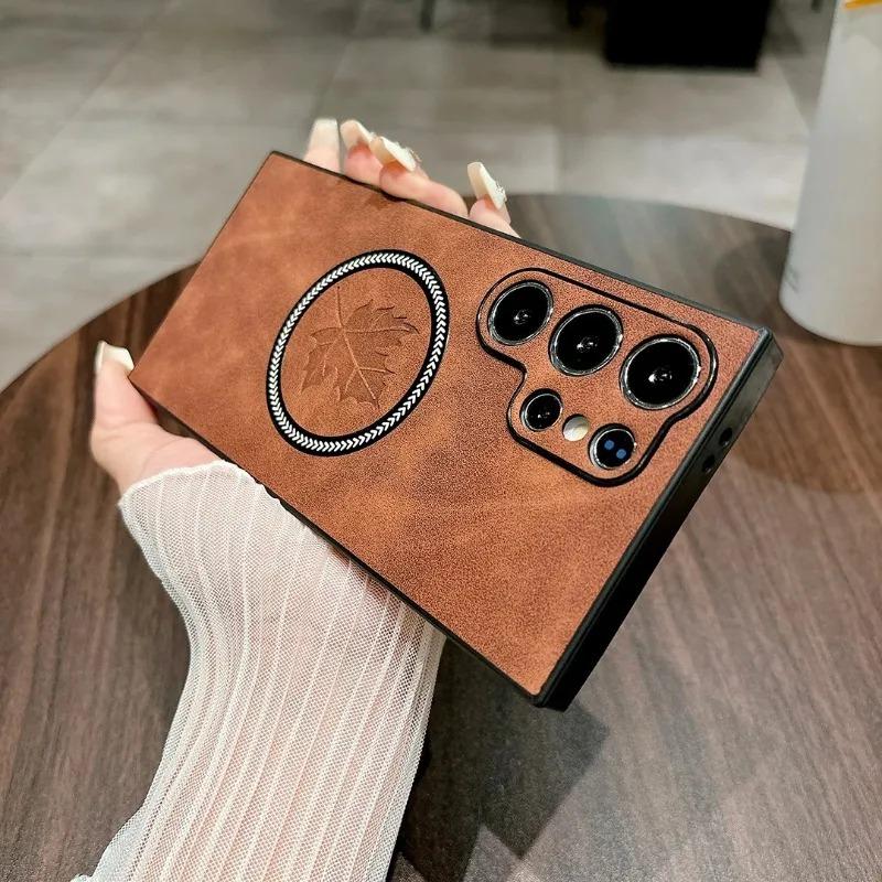 For Samsung S24 FE S23 Ultra Maple Leaf Magnet MagSafe Case For Galaxy S22 S21 Plus Soft TPU Lens Protection Shockproof Cover