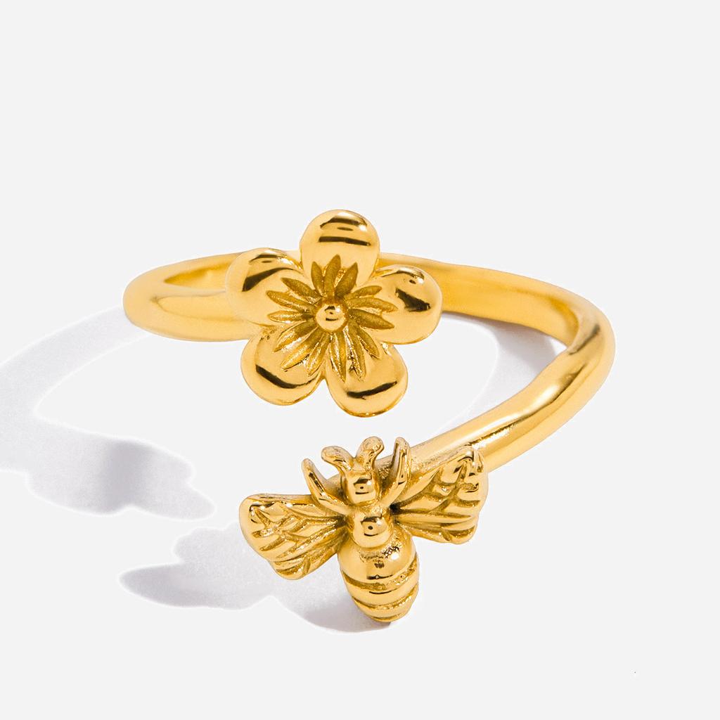 Дизайн Sense Classic Wind 18K Золото, Кольцо с регулируемым размером, Цветок Пчела