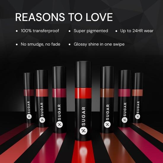 SUGAR Cosmetics Partner In Shine Transferproof Glossy Lipstick | Lasts Upto 24hrs | Transferproof & Smudgeproof - 3ml - 12 Crimson Cognac