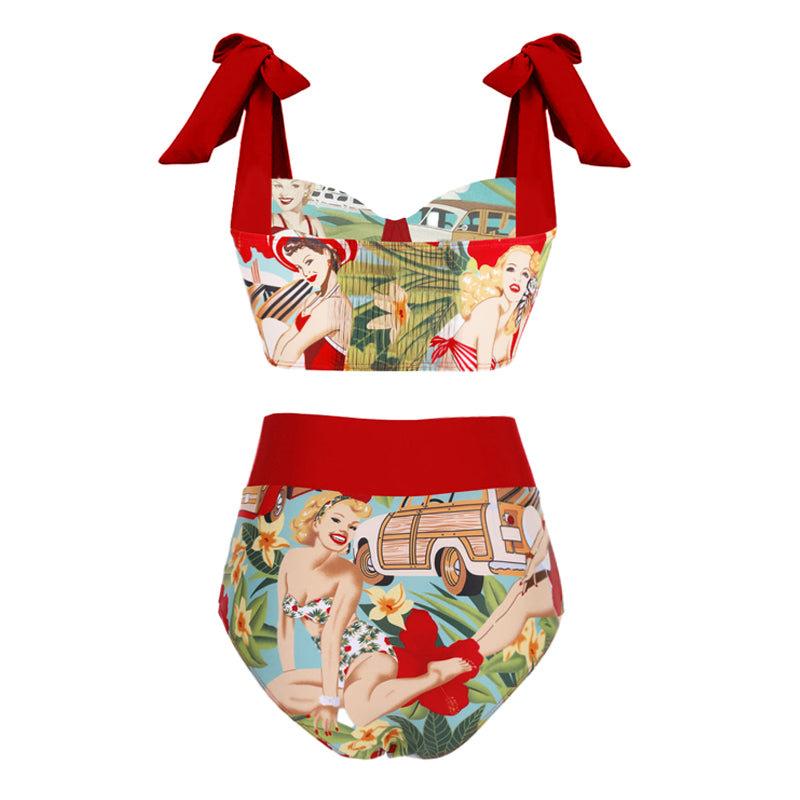 Lace-up high-waisted retro-printed split swimsuit set women's new European and American swimsuit 1111