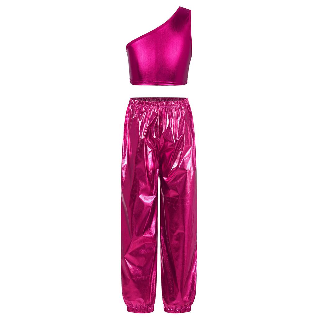 Girls Party Performance Outfit One Shoulder Sleeveless Metallic Vest Shiny Pants Dance Costume Stage Set