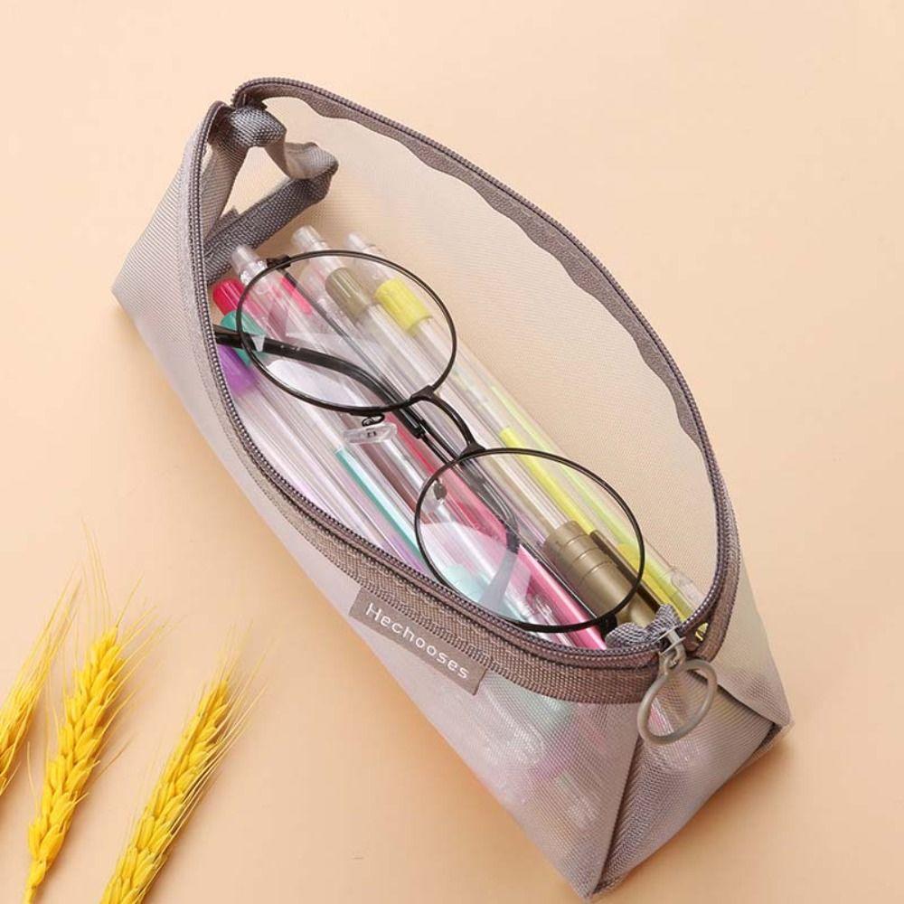 Retro Color Mesh Pencil Case Nylon Zipper Stationery Bag Simple Transparent Bills Bag Pencil Bag