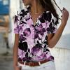 2025 Лето Новая Мода Женская Блузка с Коротким Рукавом и V-образным Вырезом, Повседневная Рубашка на Пуговицах с Принтом Листьев