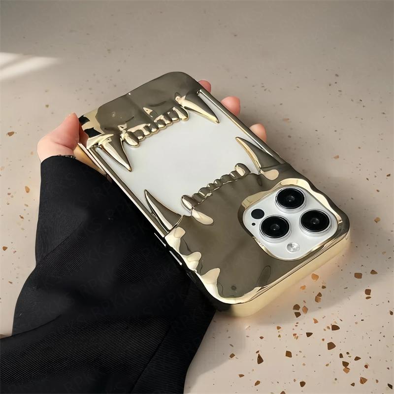 Luxury Plating 3D Canine Tooth Hollow Dissipate Heat Phone Case For iPhone 16 15 14 13 12 11 Pro Max Plus Shockproof Soft Cover