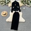 Autumn Winter Women Vintage Black Velvet Office Work Two Piece Set V-neck Blouse Top and Long Midi Sheath Skirt Suit