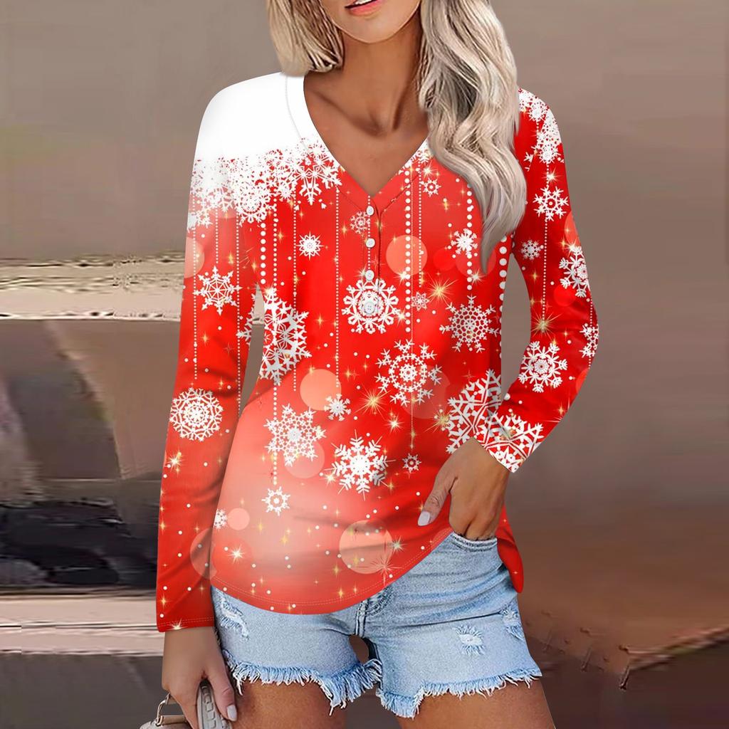Women's Casual Fashion Sexy Comfort Christmas Printed V-Neck Button Long Sleeve