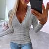 Модный пуловер с V-образным вырезом, с длинным рукавом, женская футболка на пуговицах, облегающего кроя, вязаная, элегантная, повседневная, офисная, женские топы, весна, осень, однотонная, базовая футболка