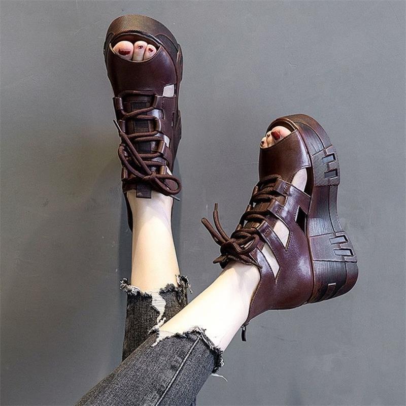 Soft Leather Women's Cool Boots Hollow Slope Heel Thick Sole Mother Sandals Fish Mouth Lace-up Soft Leather Ethnic Style Roman Women's Sandals