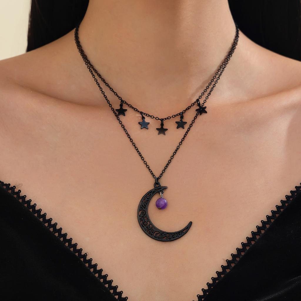 Moon Pendant Collarbone Chain Halloween Creative Star Alloy Necklace Multi-Layer Dark Style Party Daily Commuter for Women