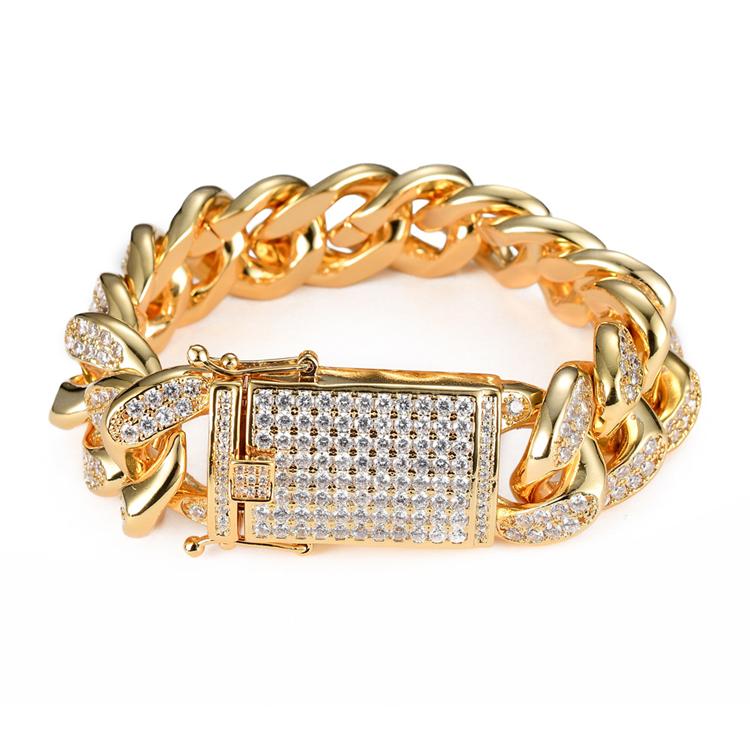 Stock Real Gold Color Hip Hop Brass and Bling Zircon Iced Out 20mm Width Big Cuban Chain Bracelet Jewelry for Men