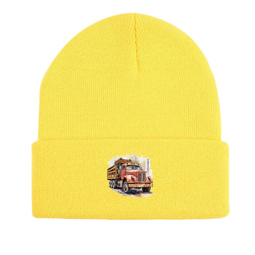 Vintage Pickup Truck Print Knit Cap Beanie, Skull Cap Windproof Fit Trendy Gorro Knitted Hat Beanie