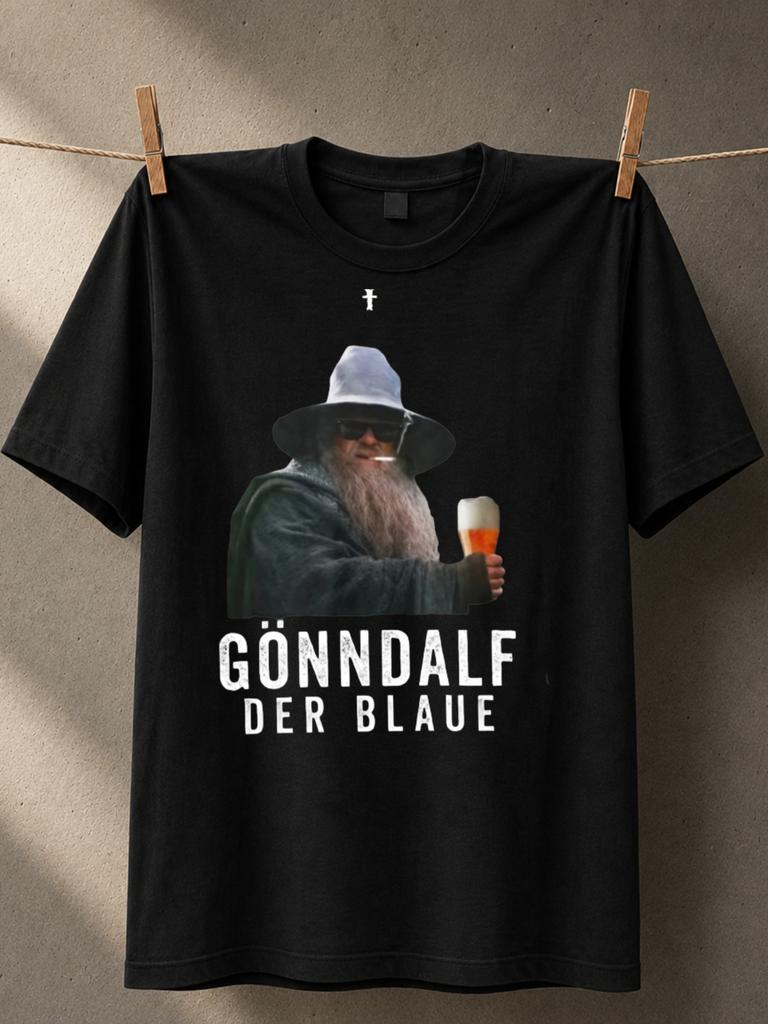 Gonndalf Der Blaue With Photo Wizard Holding Foamy Glass Cigarette Small Cross Symbol And Unisex All Tshirt