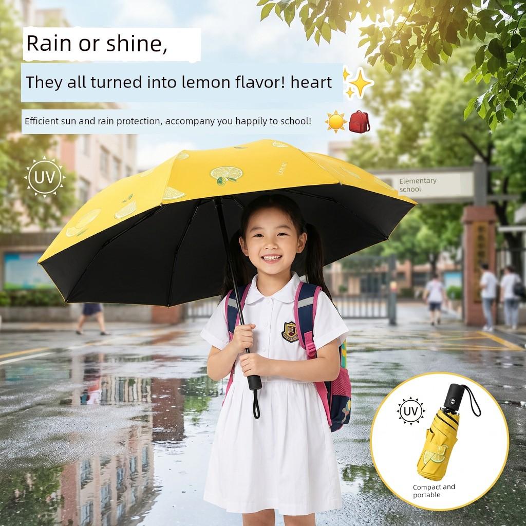 Children's Umbrella for Students, Sturdy and Durable, Foldable Fruit Umbrella for Boys and Girls, Dual-Use for Sun and Rain, Black-Coated Umbrella