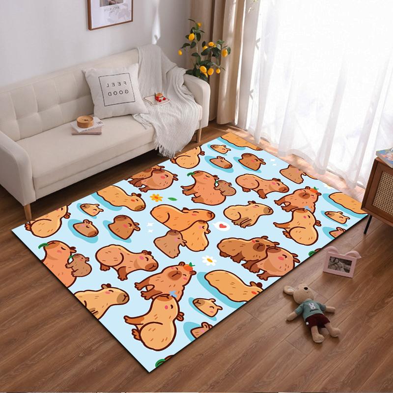 Cute Cartoon Capybara Pattern Carpet for Living Room, Blue Background Suitable for use as an anti-slip for living room bedroom sofas