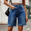 Summer Women Denim Shorts Mid Waisted Knee Length Stretchy Casual Wide Straight Leg Distressed Cuffed Jeans Short Pants with Pockets
