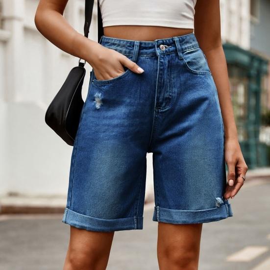 Летние женские джинсовые шорты средней талии длиной до колена эластичные повседневные широкие прямые