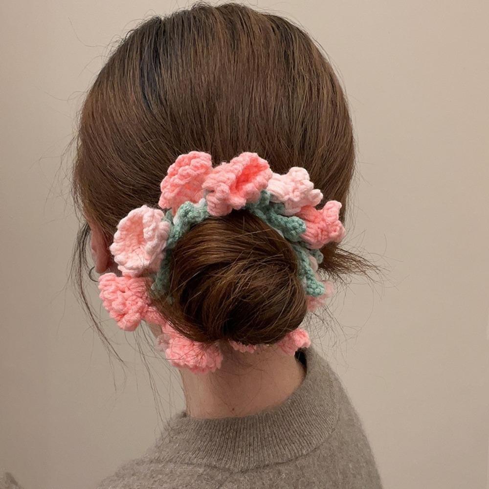 Elastic Crocheted Flower Scrunchies Handmade Sweet Hair Tie Cute Knitted Hair Rope Ponytail Band