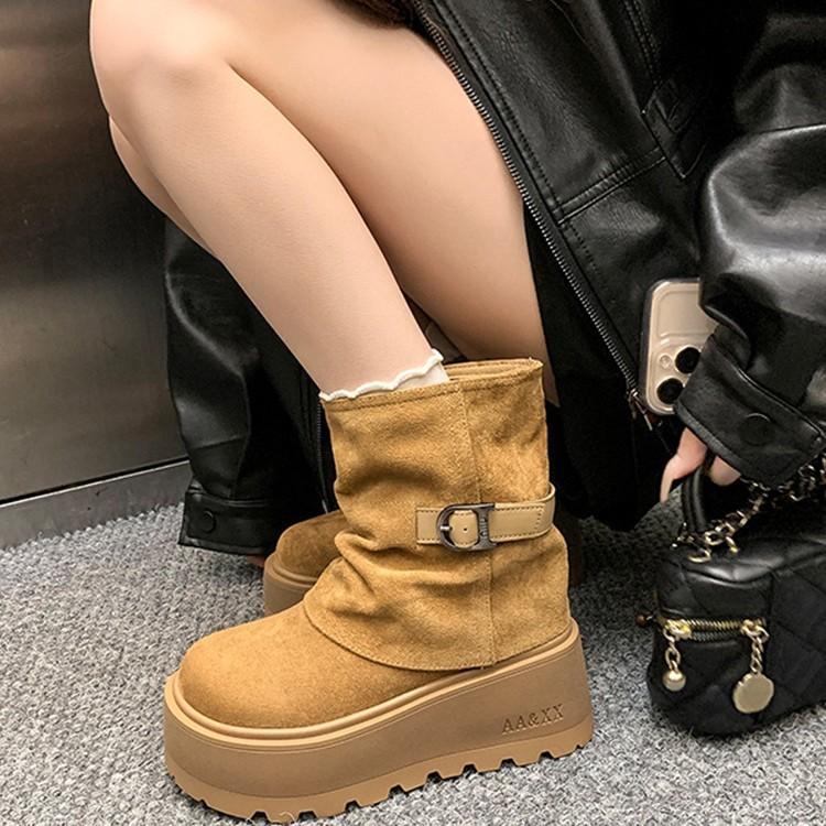 Мода 2025 Зимние Женские Теплые Снежные Ботинки из Короткого Плюша Повседневная Обувь Новые Замшевые Меховые Ботильоны Челси На Плоской Подошве Платформа Женская Обувь Ботас