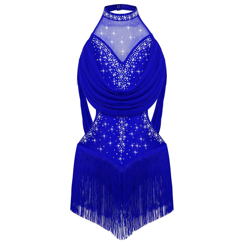 Girls Latin Dance Leotard Ruched Mesh Drapes Cutout Tassel Design Glittery Rhinestones Costume