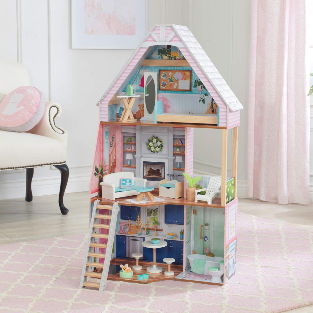 KidKraft Matilda Wooden Dollhouse EZ Kraft Balcony Movable Staircase with 23 Accessories For Ages 3 and Assembly™ Up.