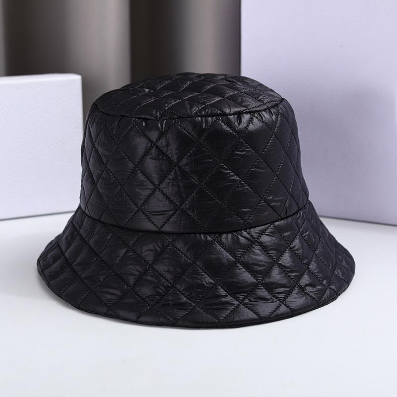 New Autumn Winter Black Bucket Hat For Women Vintage Plaid Bucket Cap Outdoor Ultra Light Down Cotton Fisherman Hat