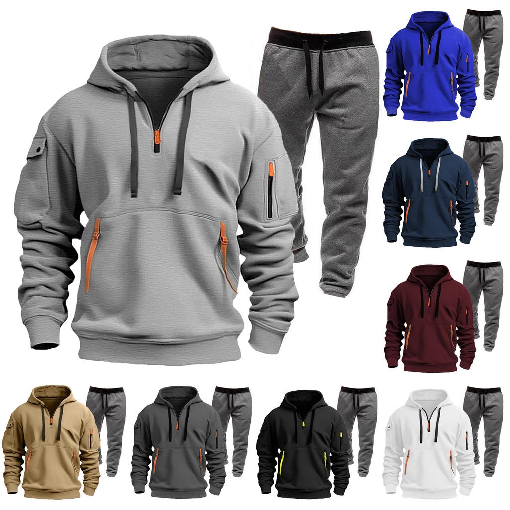 Men's Winter Fleece Multi-pocket Zipper Sweatshirt Suit Personalized Casual Hoodie Suit