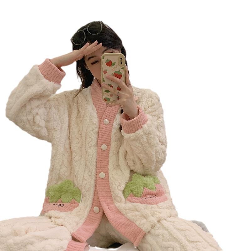 Женская осенне-зимняя жаккардовая пижама из кораллового флиса, милый кардиган с V-образным вырезом, толстая и уютная домашняя одежда