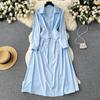 Vintage Spring Autumn Women Dress French Turn-down Collar Full Sleeve Solid Color A-line Female Long Shirt Dresses