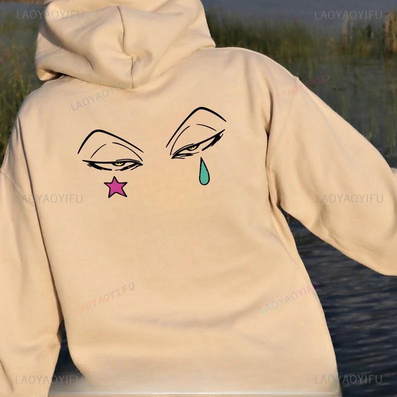 Joker Clown Eyes Tattoo Raindrop and Star Backside Hoodie Heavy Outerwear Inspired Design Streetwear Women Autumn Long Sleeve