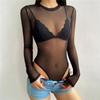 2024 Summer Mesh See-Through Round Neck Long Sleeve Bodysuit