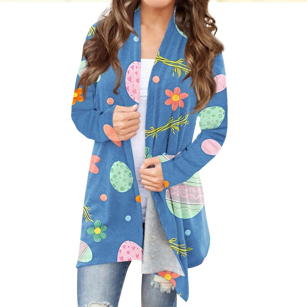 Женский кардиган с пасхальным принтом и длинными рукавами спереди, легкая куртка с принтом