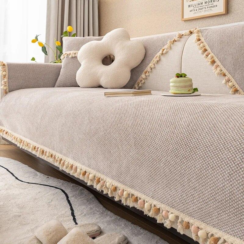 Solid Tassel Ball Sofa Cushion Four Seasons Universal Winter Thicken Chenille Anti Slip Modern Cushion