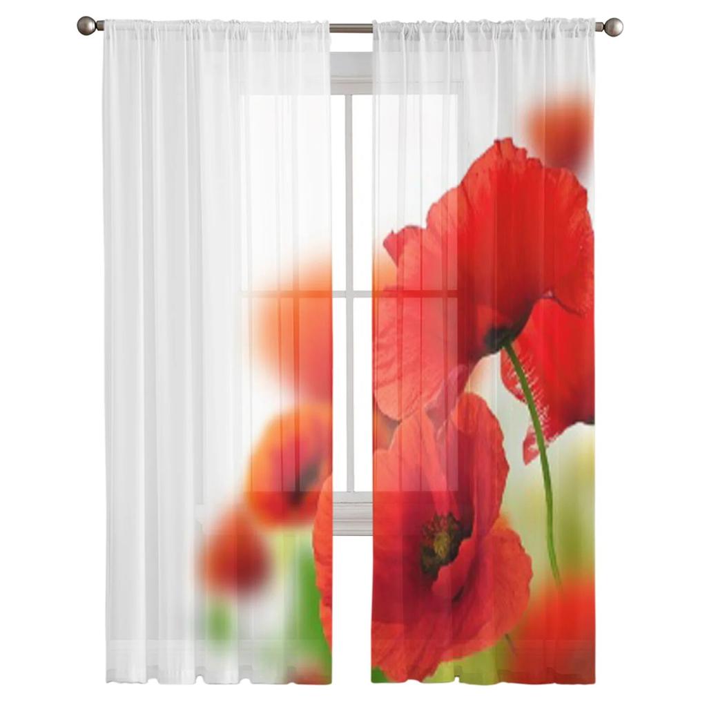 Poppies White Background Tulle Curtain For Living Room Sheer Valance Curtain For Kitchen Bedroom Window Drapes