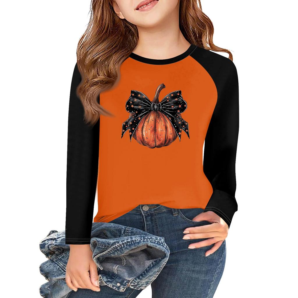 Футболки с длинным рукавом для девочек на Хэллоуин, детские осенние топы с круглым вырезом, базовые футболки 5-14 лет