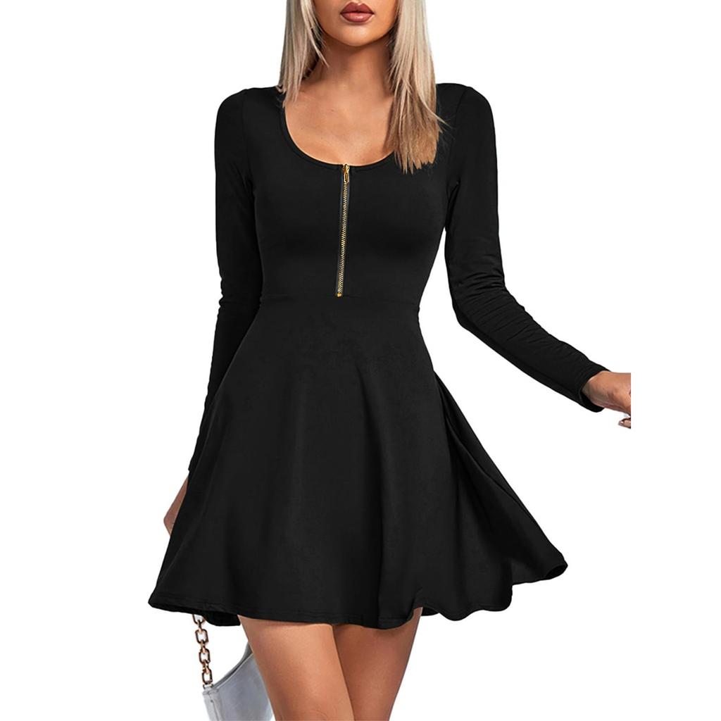 Womens Fashionable Solid Color Long Sleeved V Neck Long Sleeved Dress