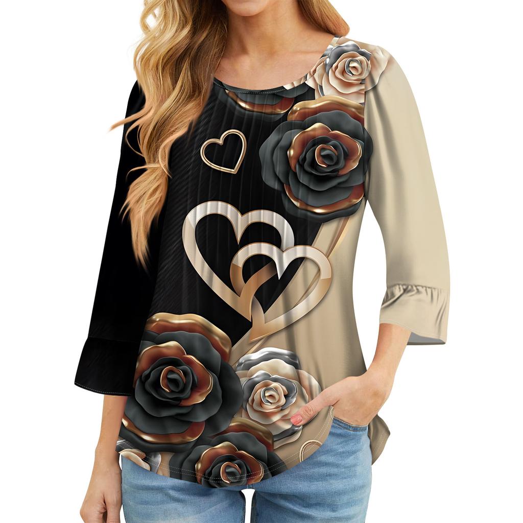 Женские топы с рукавами-колокольчиками 3/4, летние плиссированные рубашки с круглым вырезом, модные нарядные повседневные блузки-туники свободного покроя