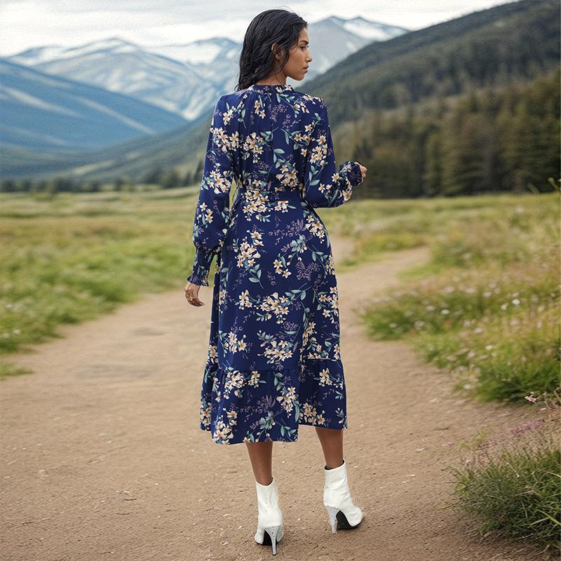 Весенне-осеннее женское платье с v-образным вырезом и длинным рукавом с цветочным принтом, темпераментные элегантные платья