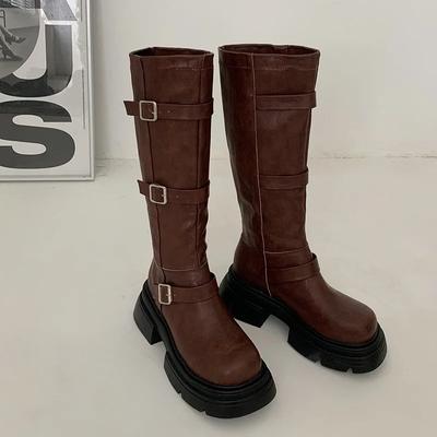 2024 Сапоги до колена для женщин Мотоциклетные ботинки Женские Мотоциклетные ботинки с квадратной металлической пряжкой Женская обувь в стиле панк Botas Mujer