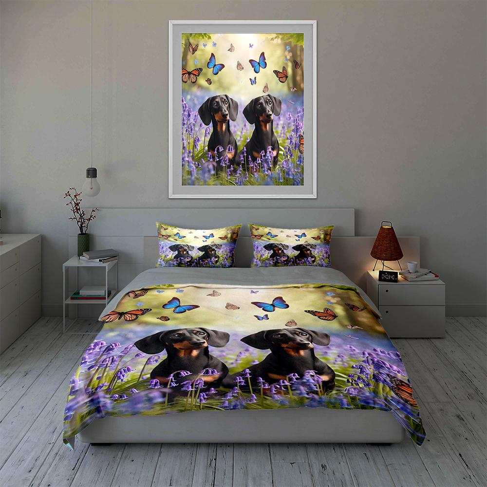 Dogs butterflies flowers Bedding Duvet cover sets Duvet covers Pillowcases gifts (1 * Duvet Cover 2 * Pillowcases, without duvet insert)