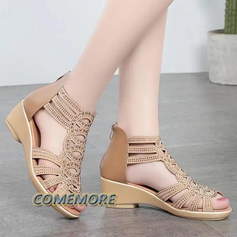 Летние настоящие мягкие римские сандалии из искусственной кожи, женские туфли на толстом каблуке 5 см, модная верхняя одежда, женские сандалии на танкетке, женская обувь