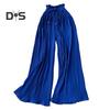 Женские брюки, эластичные брюки с высокой талией, регулируемый шнурок, плиссированные стильные широкие брюки, однотонные повседневные брюки